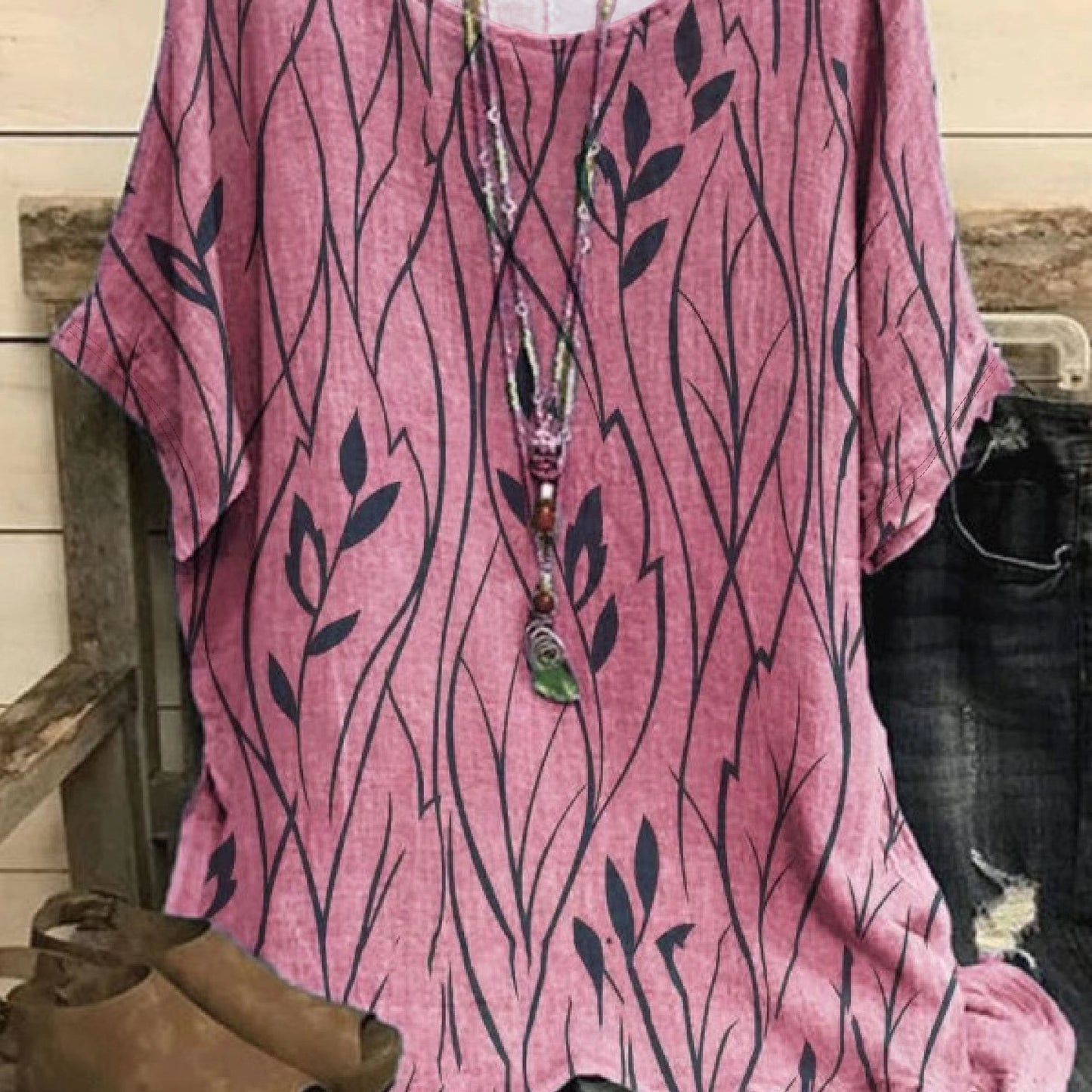 「lovevop」Print Crew Neck Blouses, Casual Loose Half Sleeve Fashion Shirts Tops, Women's Clothing