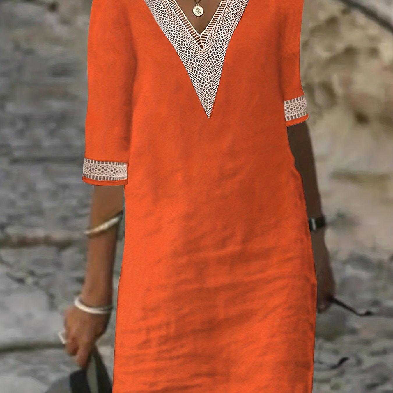 「lovevop」Guipure Lace V Neck Dress, Casual Short Sleeve Dress For Spring & Summer, Women's Clothing