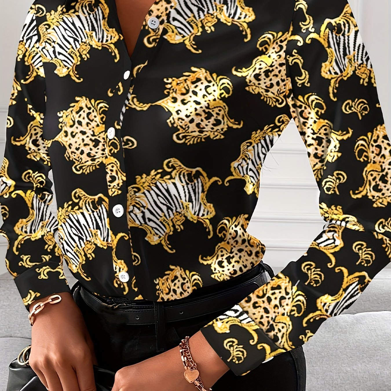 「lovevop」Women's Blouse V-neck Print Button Long Sleeve Loose Fall Blouse