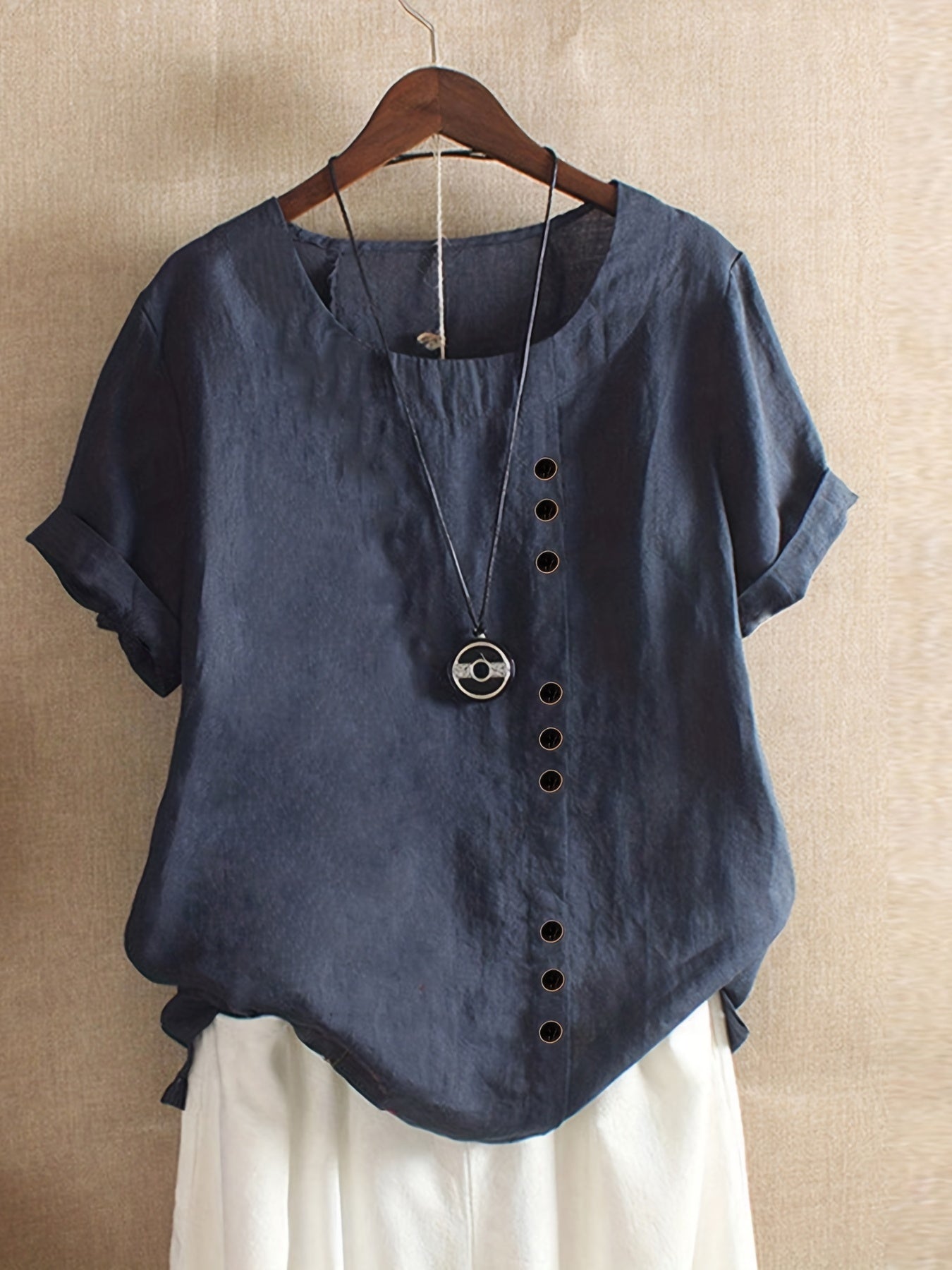 「lovevop」Buttons Solid T-shirt, Casual Crew Neck Short Sleeve Summer T-shirt, Women's Clothing