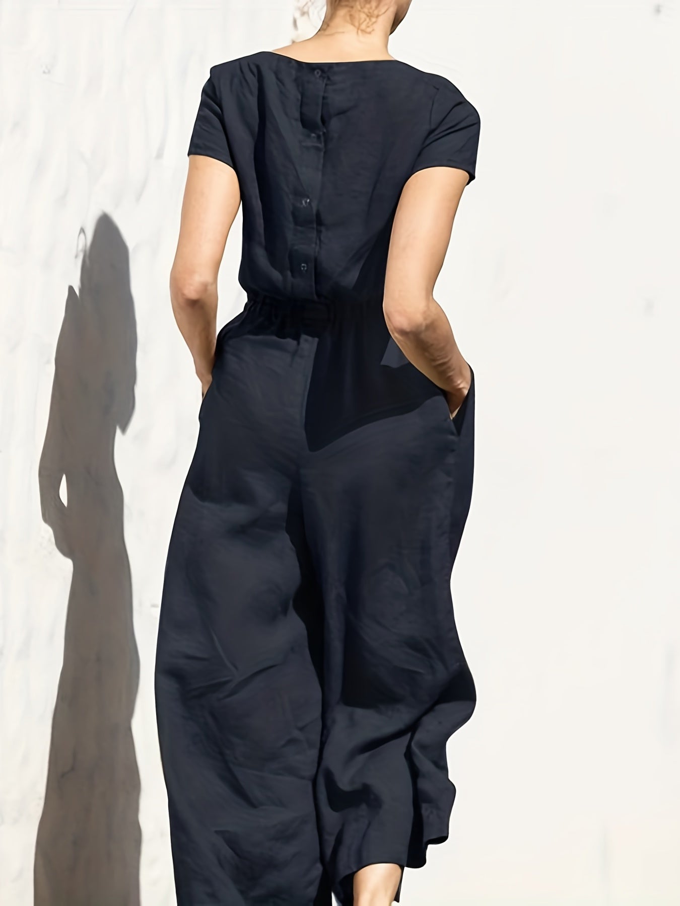 「lovevop」Solid Wide Leg Jumpsuit, Casual Crew Neck Short Sleeve Summer Jumpsuit, Women's Clothing