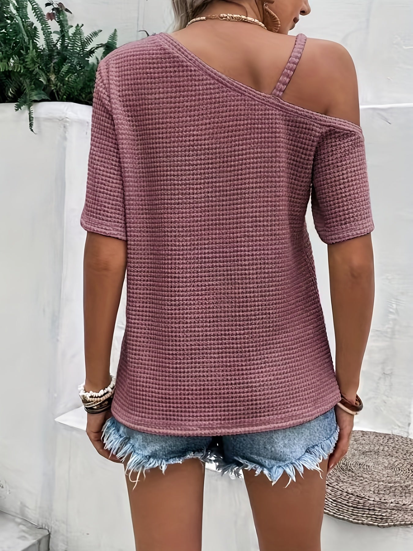 「lovevop」Waffle Asymmetrical Blouse, Casual Chain Slanted Shoulder Short Sleeve Blouse, Women's Clothing