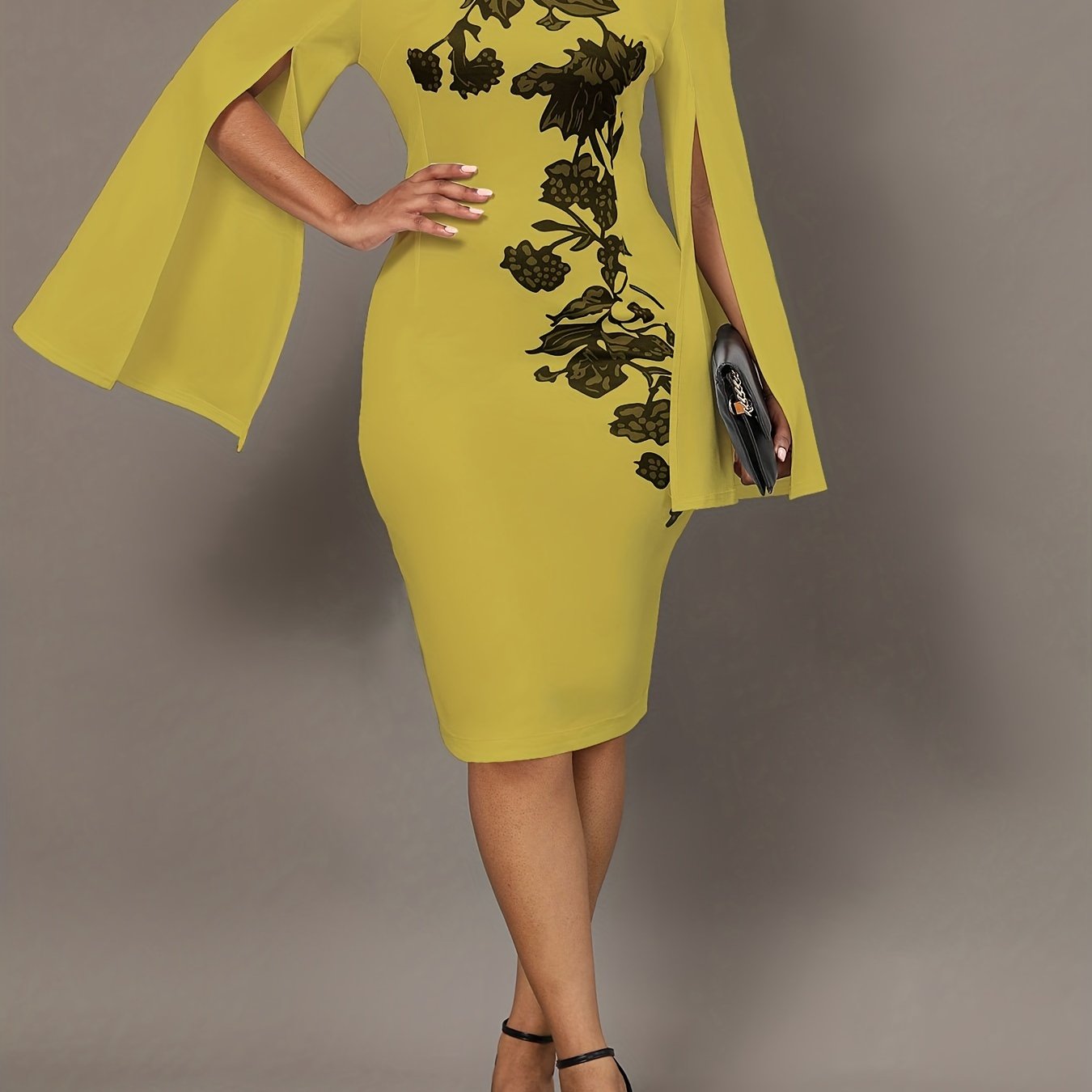 「lovevop」Slit Long Sleeve Sheath Dress, Crew Neck Slim Casual Dress, Women's Clothing