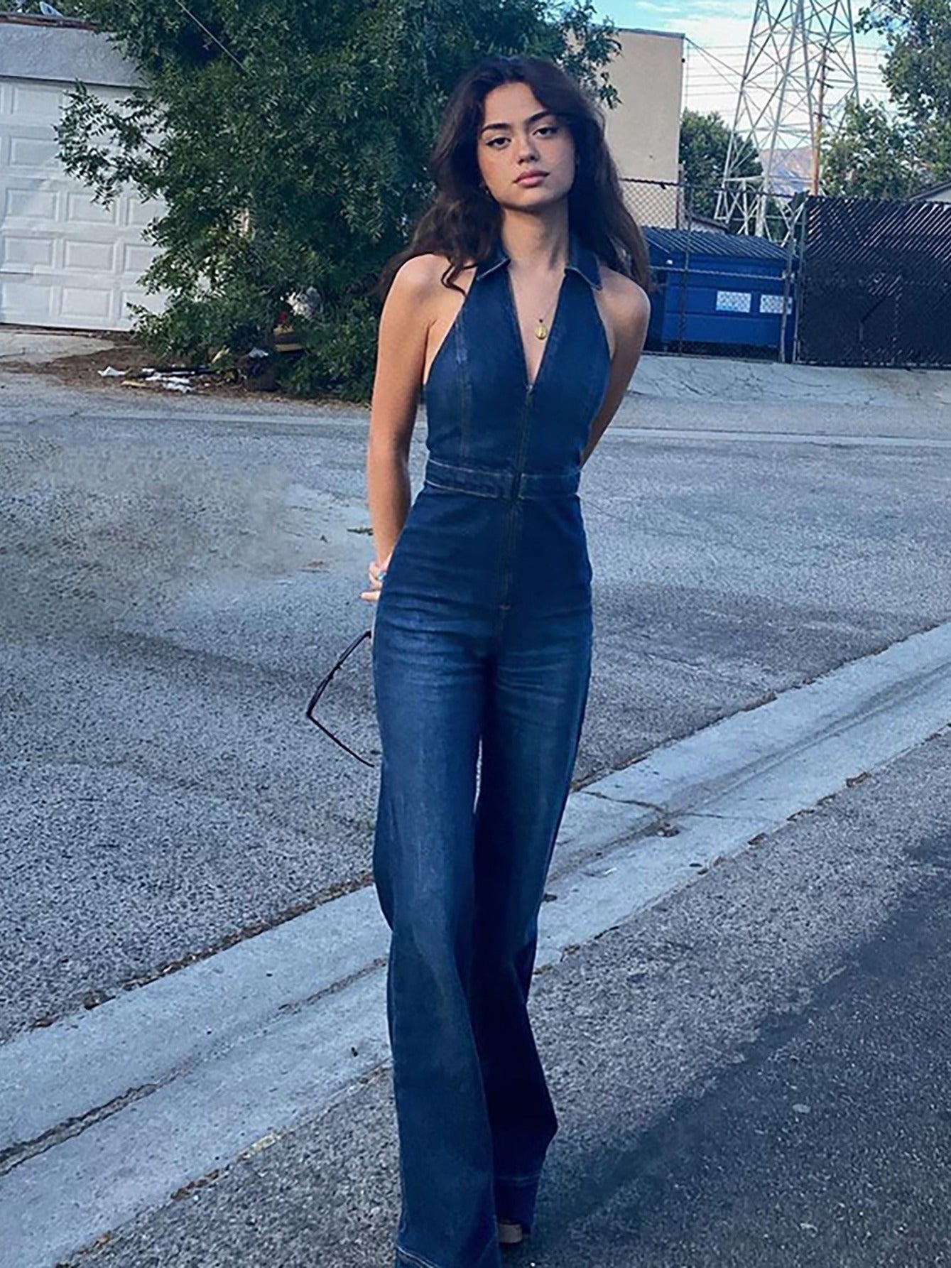 Lovevop-Blue Front Zipper Denim Jumsuit, Sleeveless V Neck Loose Fit Wide Leg Flare Jeans Denim Overalls, Women's Denim & Clothing