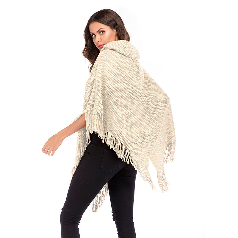 LOVEVOP Autumn and winter new 2025 women's clothing horn buckle hooded bat sleeve shawl jacket knitted sweater women