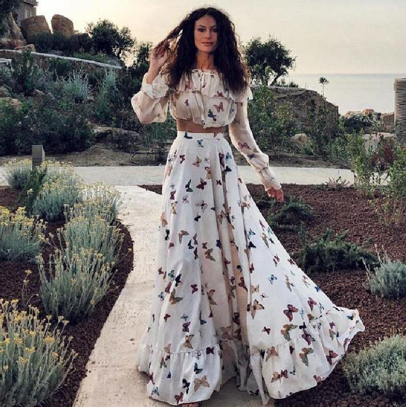 2025 2025 New Internet celebrities butterfly print two-piece bohemian big skirt long dress beach dress