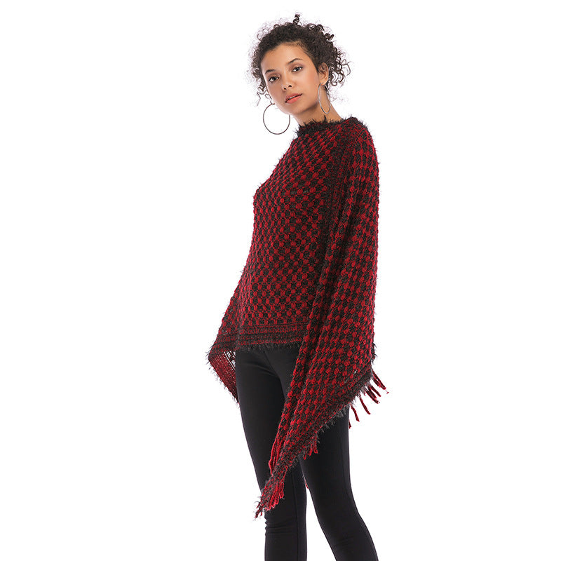 LOVEVOP 2025 women's clothing cape jacket plaid knitted sweater loose lazy pullover fringed sweater shawl women's autumn and winter