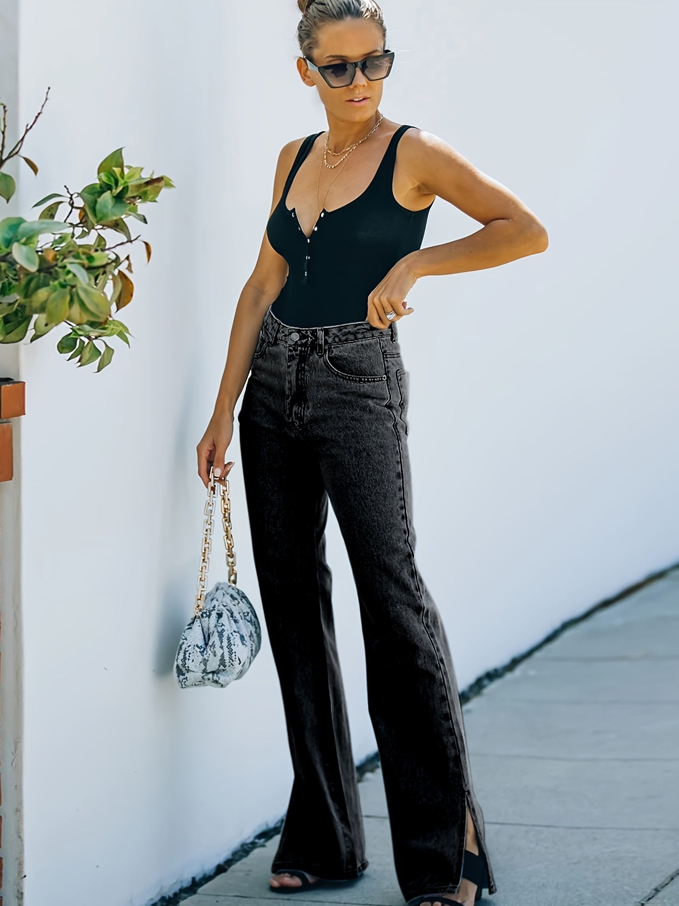 「lovevop」High Rise Straight Legs Slim Fit Bell Bottom Shape Plain Design Slash Pocket Zipper Button Closure Washed Black Flare Jeans, Women's Denim Jeans