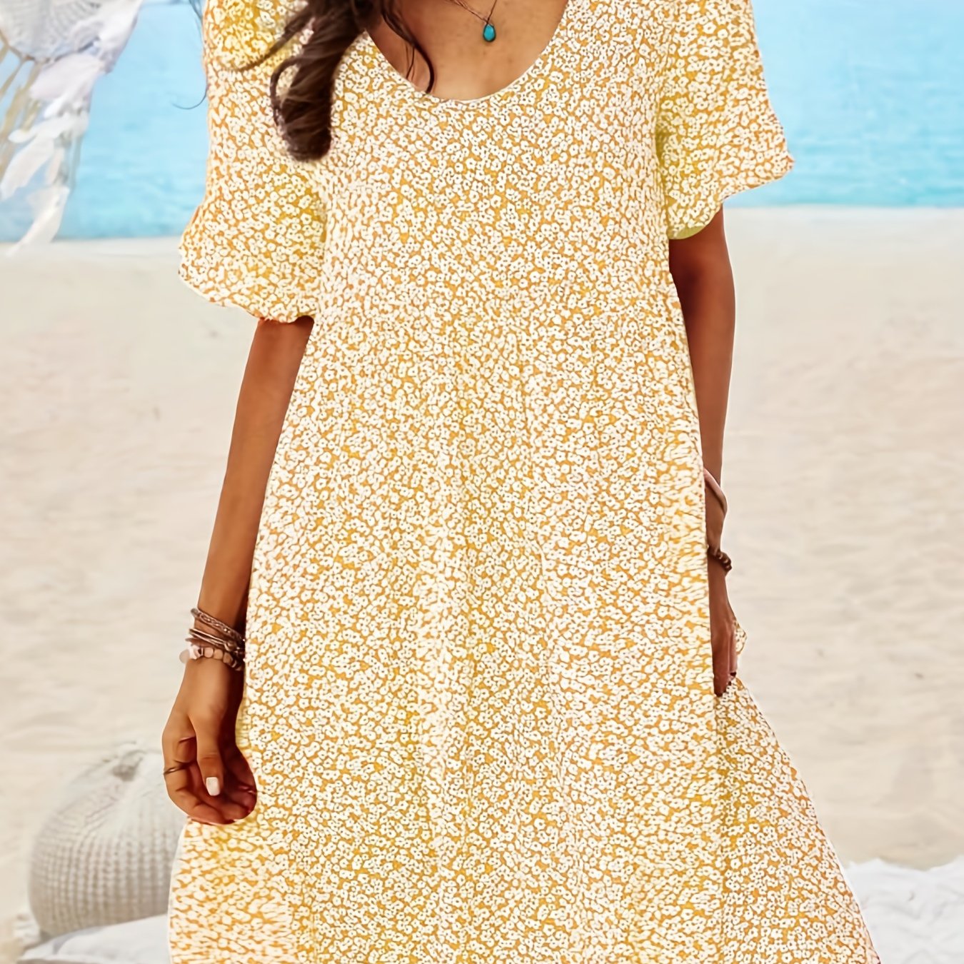 「lovevop」Ditsy Floral Print Boho Dress, Vacation Scoop Neck Short Sleeve Beach Summer Dress, Women's Clothing