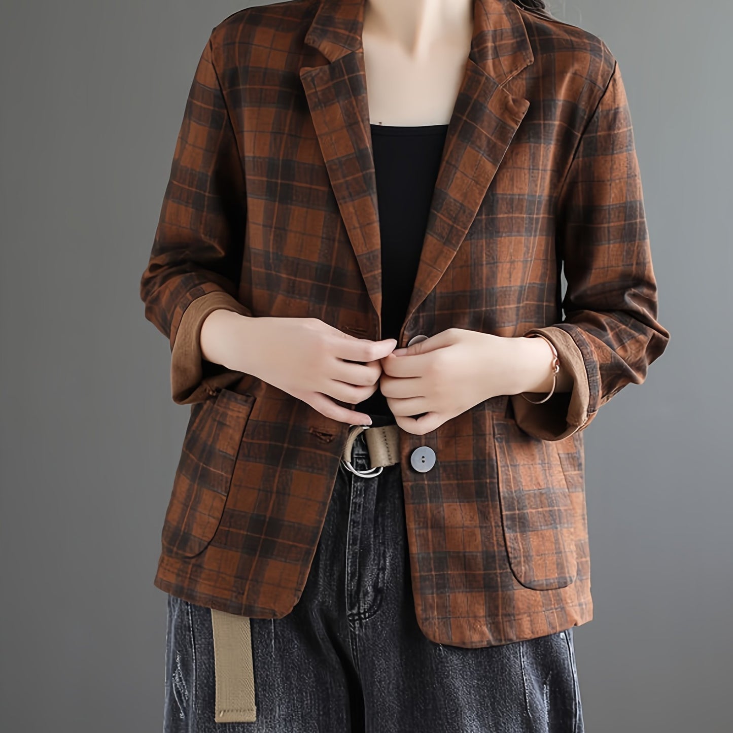 「lovevop」Literary Cotton Linen Plaid Blazer, Women's Casual Coat