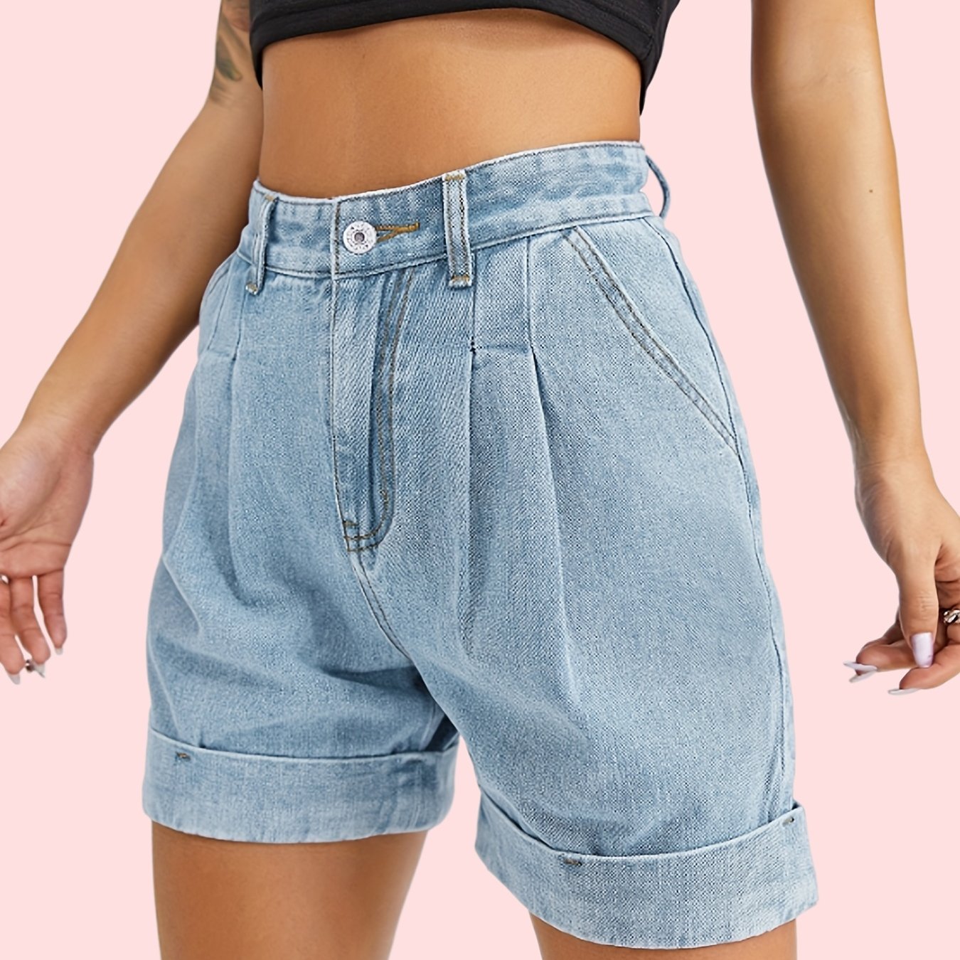 「lovevop」Blue High Waist Short Denim Pants, Slash Pockets Rolled Hem High Rise Ruched Short Denim Trousers, Women's Denim Jeans & Clothing