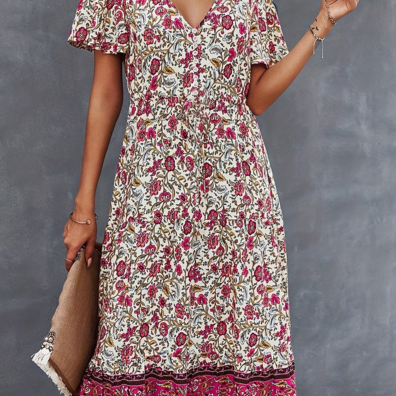 「lovevop」Boho Floral Print V Neck Dress, Casual Short Sleeve Dress For Spring & Summer, Women's Clothing