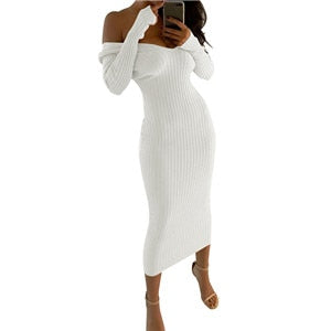 lovevop Spring Autumn Deep V-Neck Casual Knitted Dress Women Fashion Long Sleeve Sweater Dresses Package Hip Long Dress