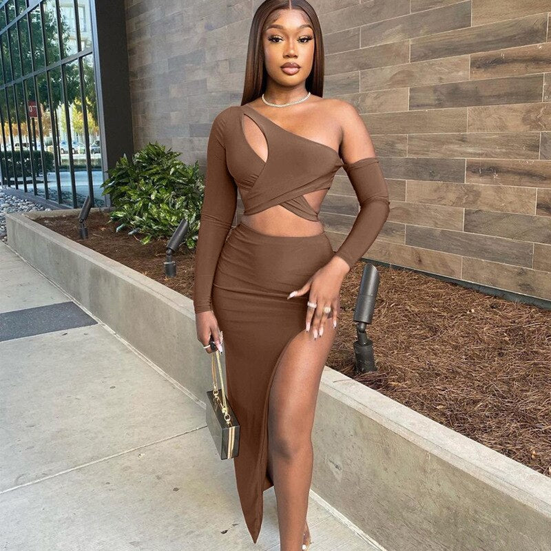 lovevop Outfits For Woman Summer Bodycon Dress Sets One Shoulder Long Sleeve Crop Top And Long Skirt Two Piece Club Party Wear