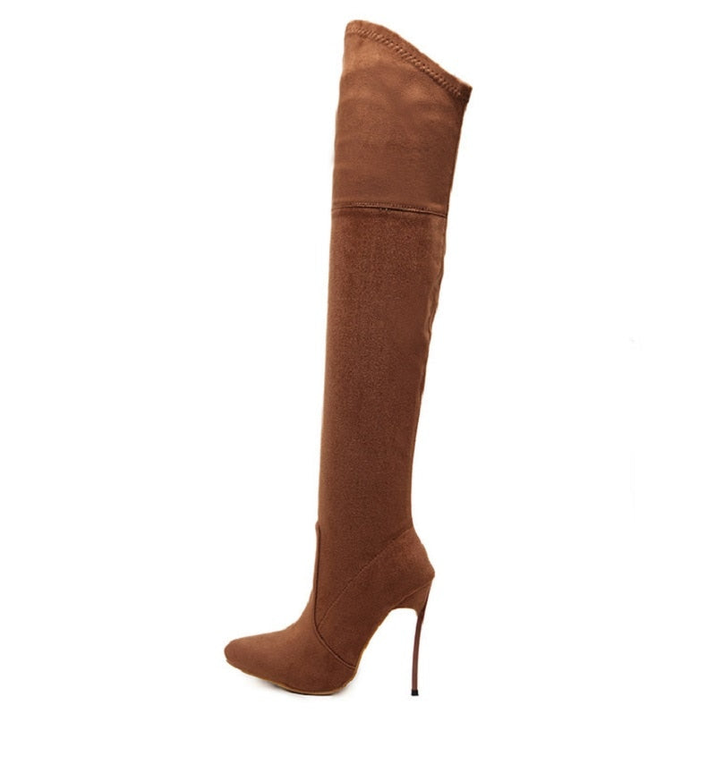 lovevop Over the Knee high Boots Woman Flock Leather Thick high heels Women Boots Winter Black Apricot Brown Party shoes