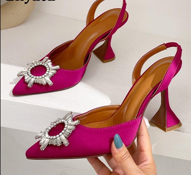 lovevop Brand Women Pumps Fashion Crystal Slingback High heels Summer Comfortable Triangle Heeled Party Wedding Bride Shoes