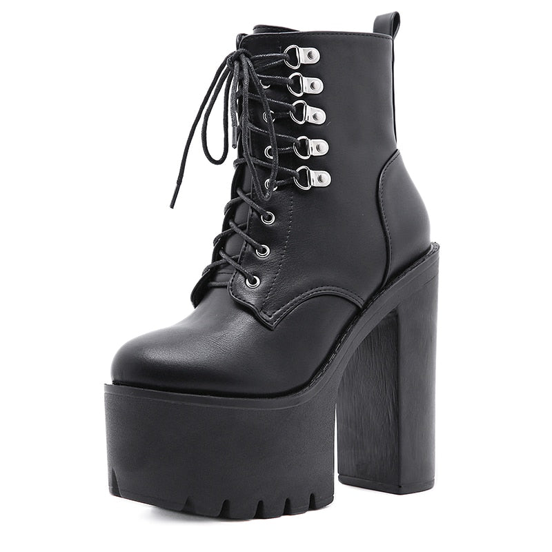 Thanksgiving lovevop Ultra High Heels Women Motorcycle Boots Gothic Style Rivet Black Soft Leather Plaform Chunky Heel Punk Knight Boots