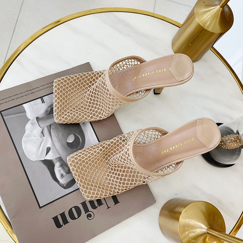 lovevop 9Cm Summer Autumn Mesh Pumps Sandals Female Square Toe High Heel Chain Stiletto Hollow Party Dress Pumps Shoe Sandals