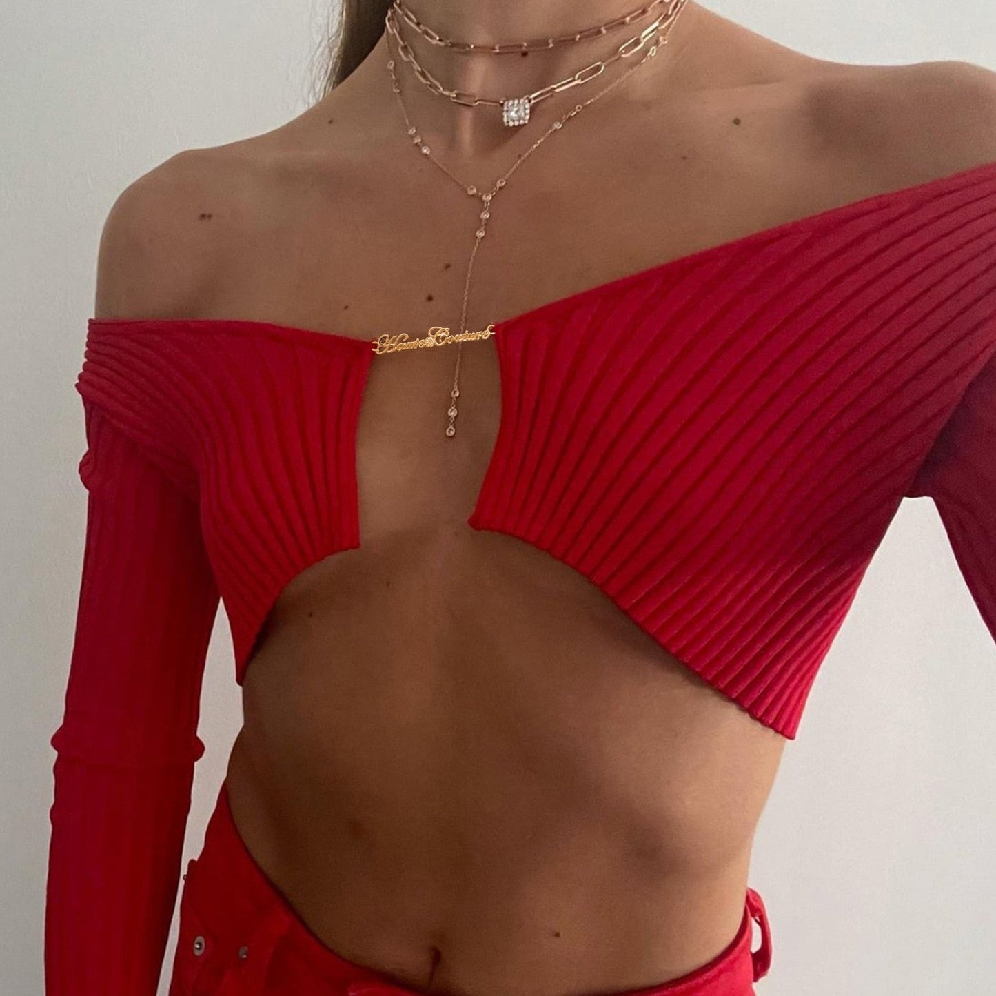 Aomzae Spring Autumn Knitted Cropped Sweater Women Y2K Long Sleeve Crop Top V-Neck Chain Club Party Tops Green Orange Red Black