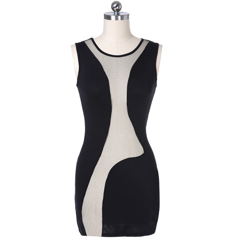 Back to school outfit lovevop See Through Sleeveless Party Dress Summer O-Neck Black Bodycon Dresses Women Mesh Black Party Club Mini Dresses