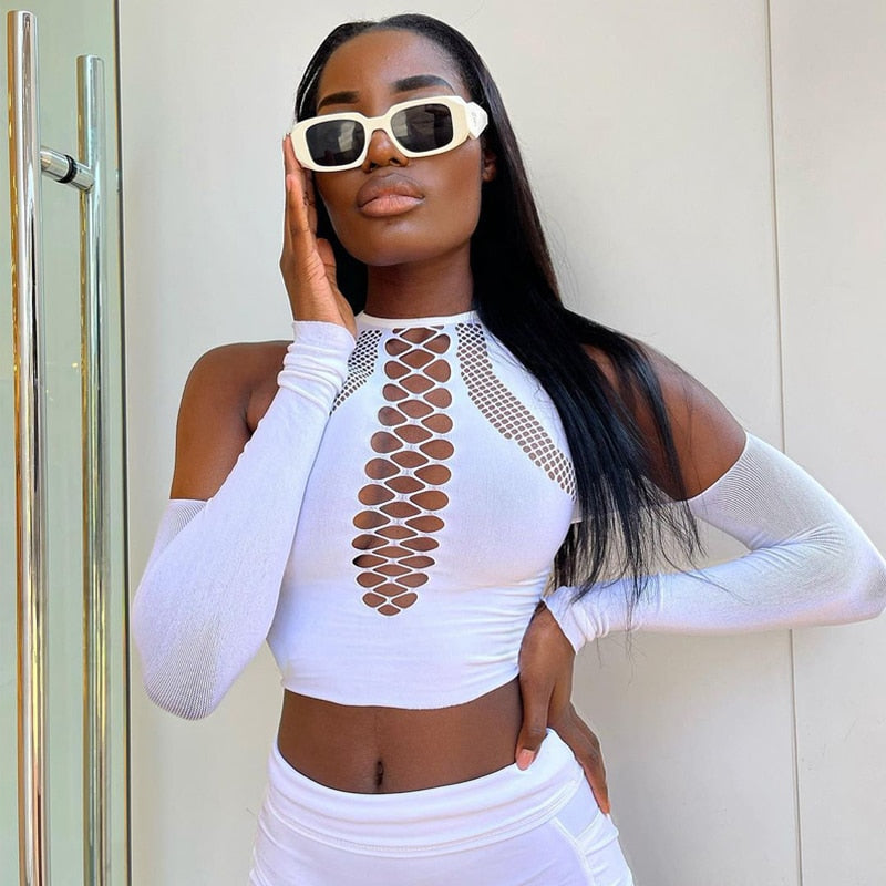 lovevop Back to college Long Sleeves Solid Hollow Out Bandage Crop Top Summer Autumn Women Fashion Outfits Tshirts Club Tees