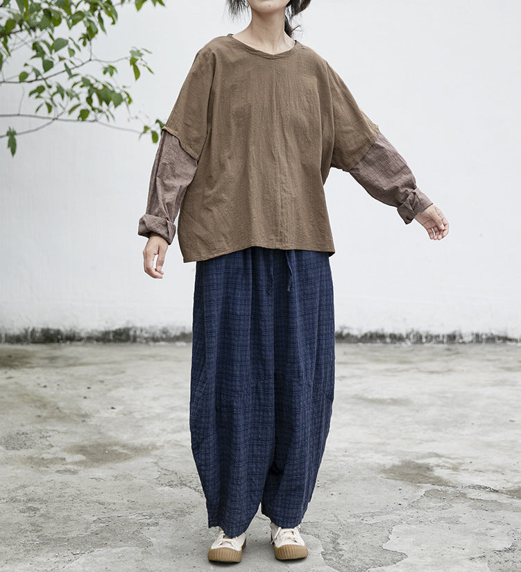 Spring and Autumn Linen Long Sleeve Cotton and Linen Loose Women's Small V-Neck T-Shirt Simple and Comfortable Khaki Sleeve Top