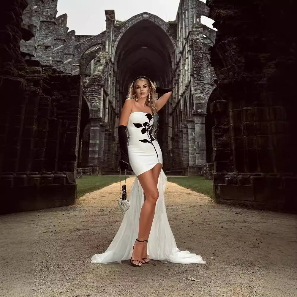 LOVEVOP pure desire style Spice girl chest wrap neck mesh dress summer women rose hot diamond printing three-dimensional bandage skirt