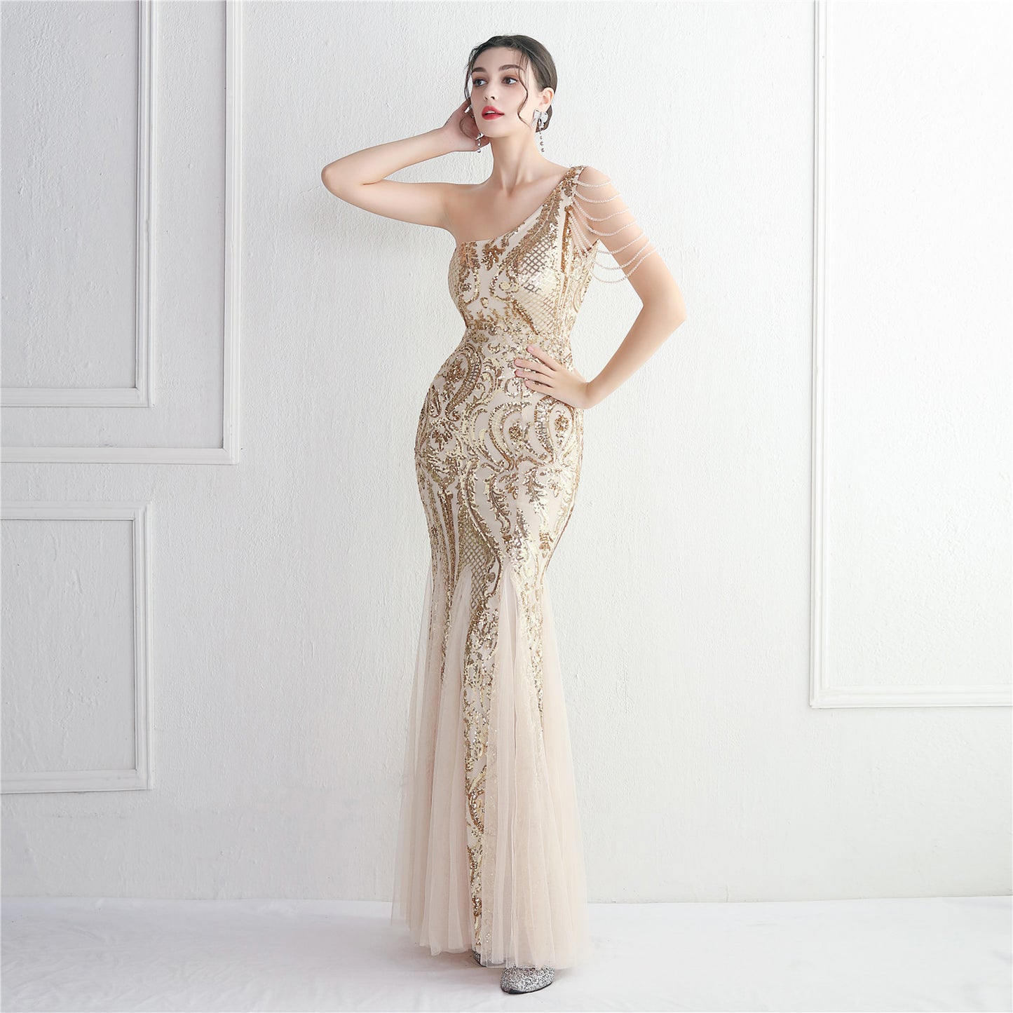 19620 #bead mesh yarn craft beads celebrity party evening dress sexy long and thin toast dress new