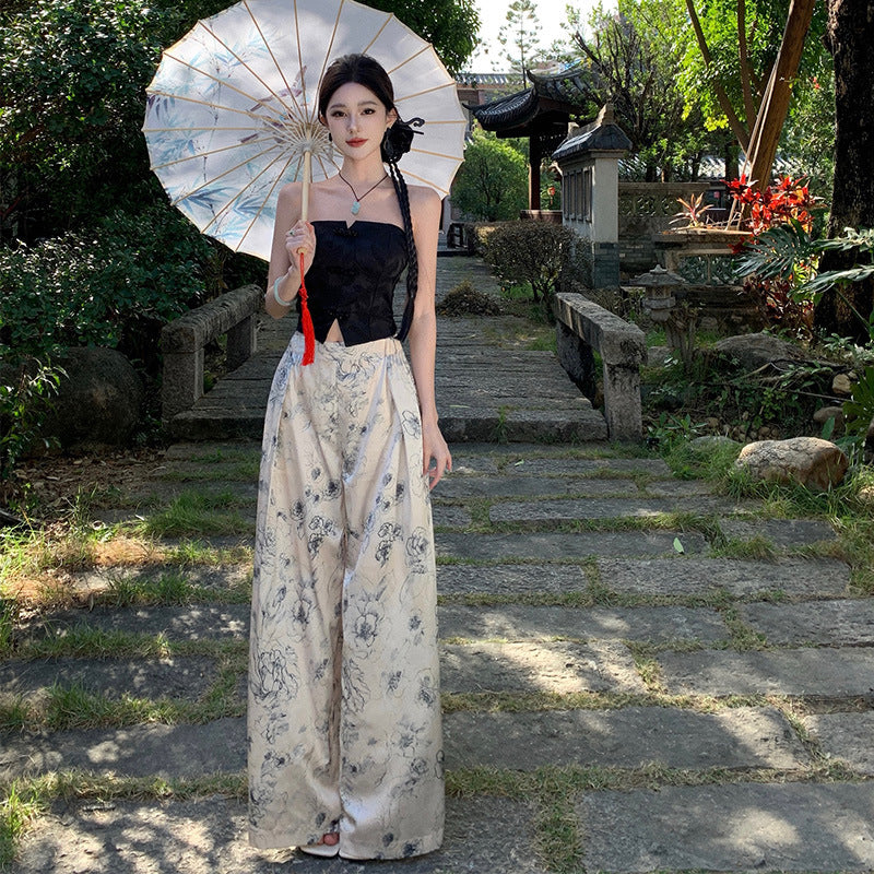 2025 Chinese style ink printing wide-leg pants women's summer vacation cold culottes loose drape satin high-waisted trousers