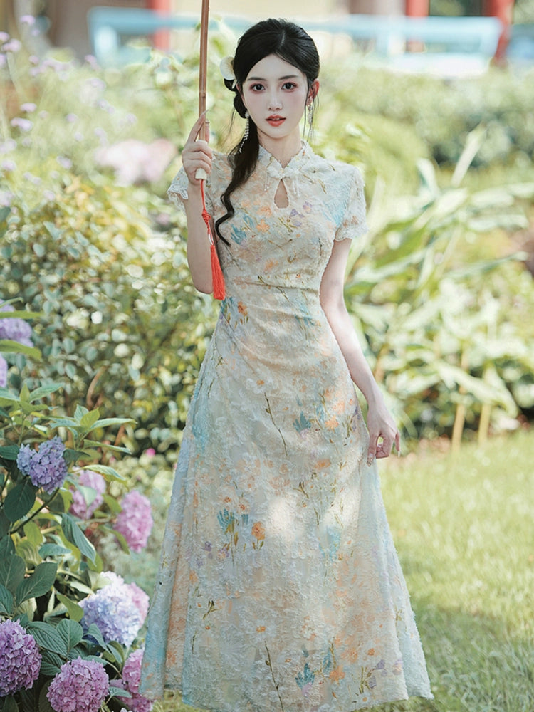Republic of China style women's clothing new Chinese style beautiful cheongsam summer girl young retro burning flower temperament thin dress