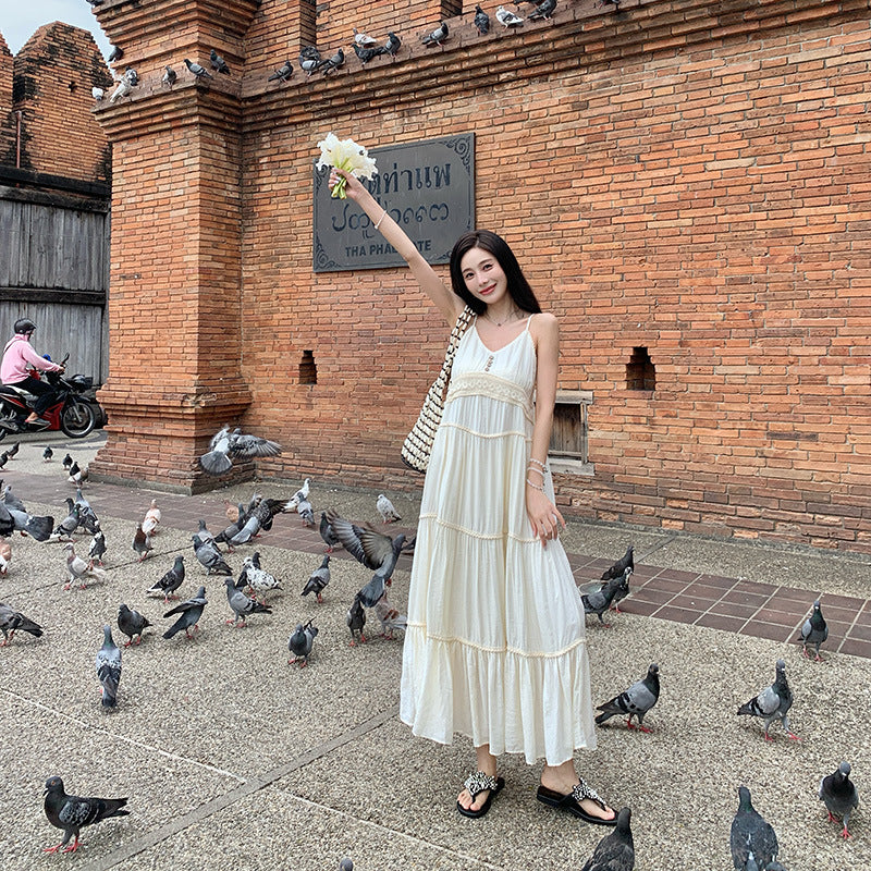 2025 gentle style beige holiday suspender skirt women's summer new temperament Muse fan high waist super good-looking dress