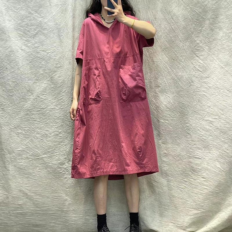 Hooded short-sleeved dress women's summer new retro literary loose large size thin casual medium and long dress