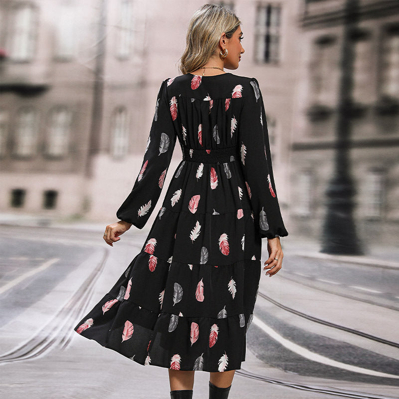 LOVEVOP New Hot Trade Skirt Hot Autumn and Winter New 2025 Women's Cross-border Long Sleeve Printed Dress