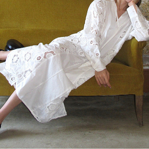 2025 Heavy industry engraved lace embroidered shirt skirt women's autumn loose design dress