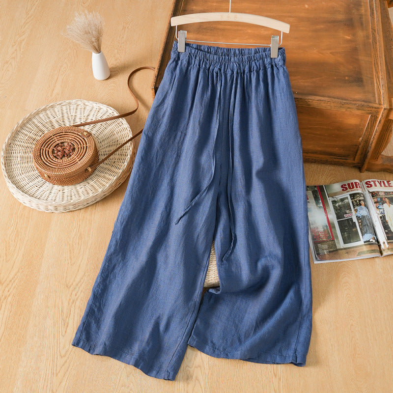 Cotton and linen large size casual loose versatile cotton and linen wide-leg pants women's summer new literary and retro loose trousers