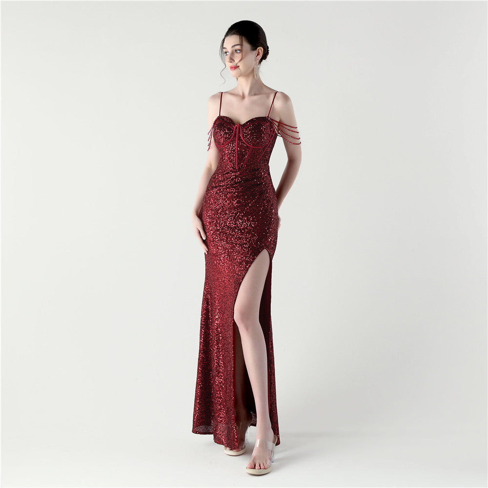 33310 #Dinner Focus 2025 Premium Spot Sequin Fishbone Vest Bead Suspender High Split Evening Dress