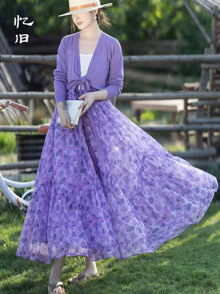 Literary and retro skirt women's summer new fashion romantic ruffle edge purple versatile skirt