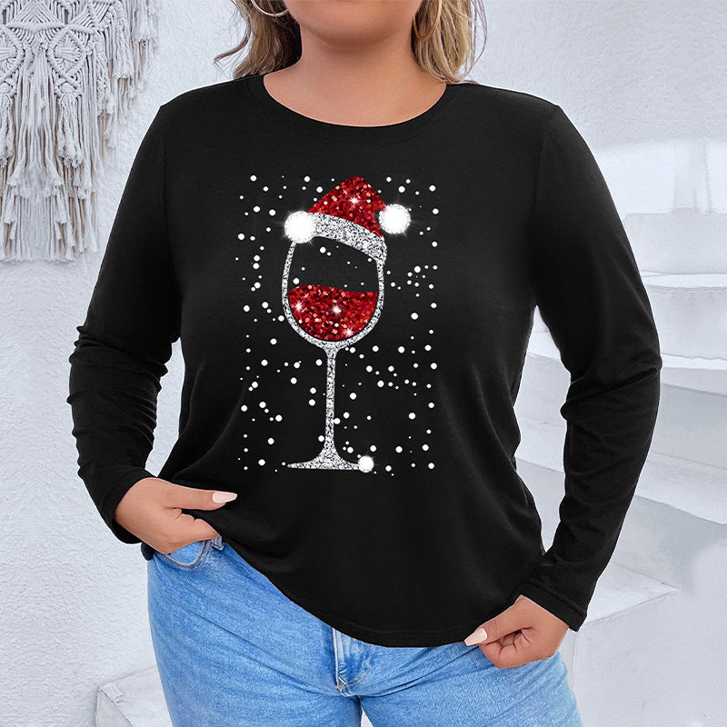 LOVEVOP Europe and the United States cross-border explosion long-sleeved round neck Christmas T-shirt Christmas essential Christmas elements women's top