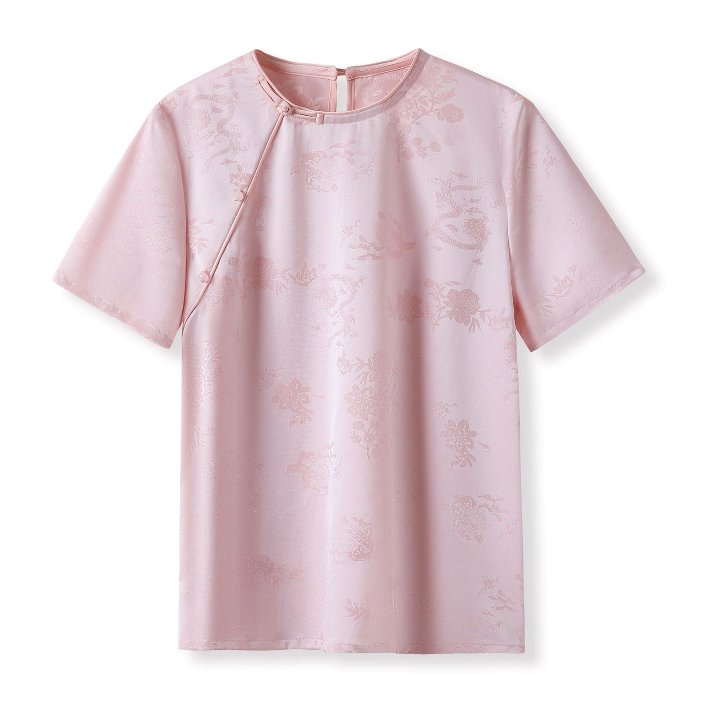 Summer new flower jacquard mulberry silk short-sleeved solid color light luxury simple design temperament T-shirt top M4006