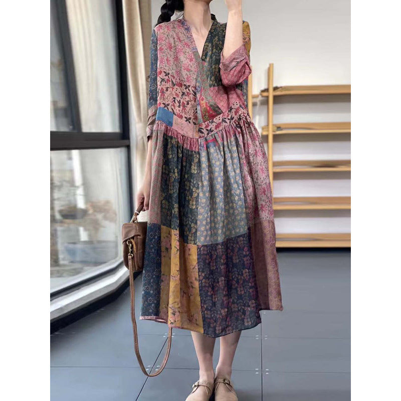 Chinese style new literary and retro color matching cotton and linen skirt summer large size temperament V-neck dress women