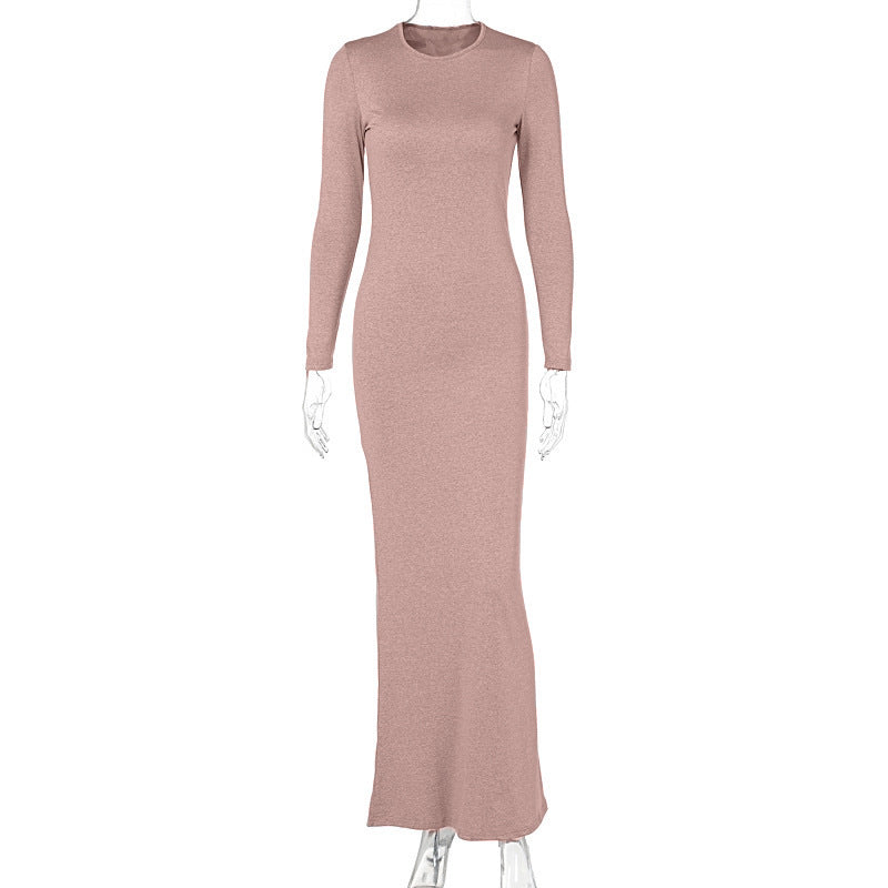 LOVEVOP style cross-border women's clothing summer new fashionable and sexy slim-fitting solid color round neck mid-waist long-sleeved dress