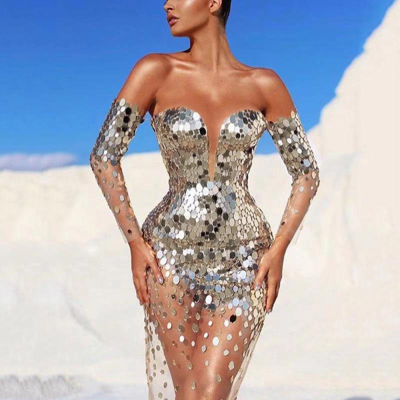 summer new New women's dress sequined shoulder sexy mesh perspective long evening dress