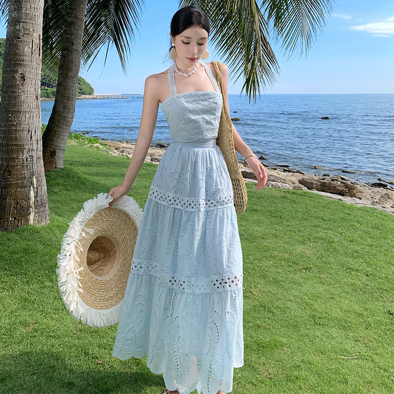 Thailand summer dopamine island wear suit seaside vacation neck sling top embroidered hollow skirt
