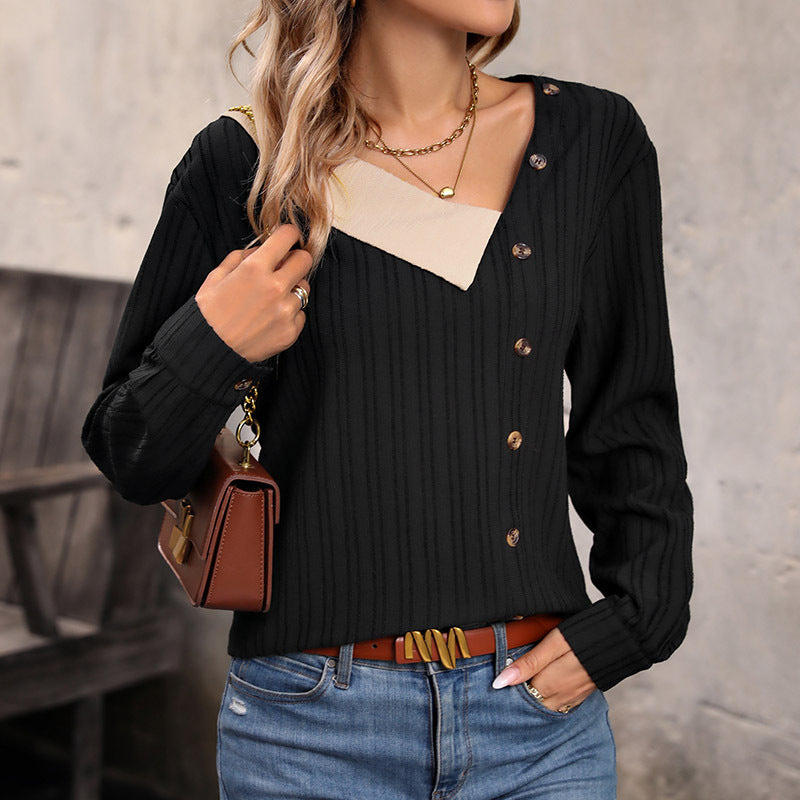 LOVEVOP Hot autumn new women's shirts, popular splicing V-neck tops in Europe and America, long-sleeved buckle women's clothing wholesale
