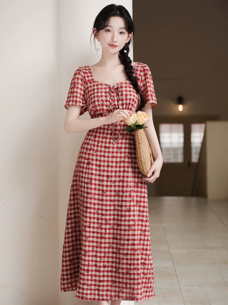 great-looking waist pinched retro red plaid dress temperament waist plaid skirt summer beautiful small skirt