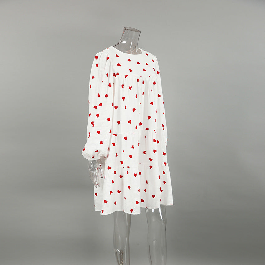 2025 fashion versatile crew neck dress women's autumn bubble sleeve sleeve A-shaped skirt loose casual printing