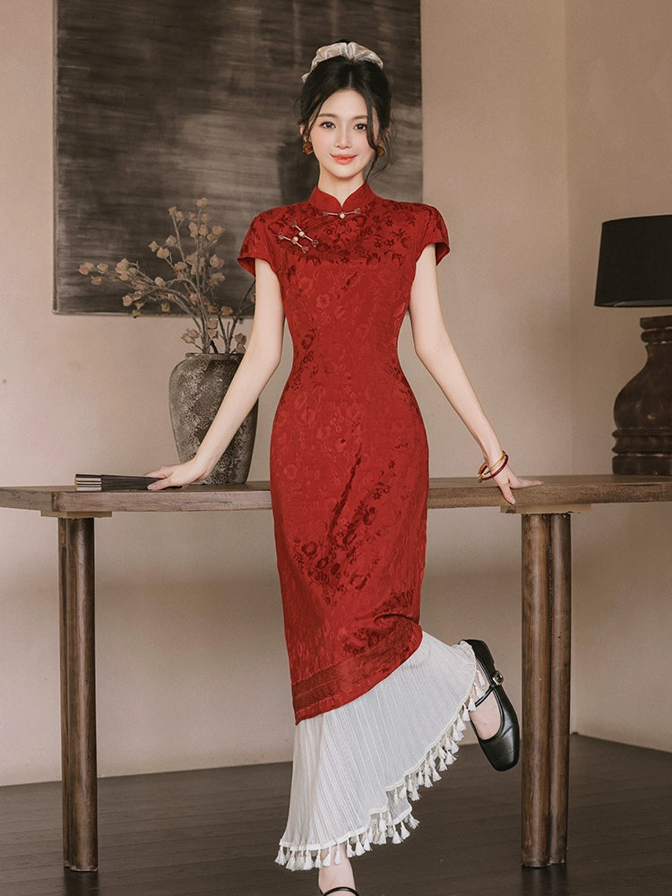 New Chinese red fake two pieces improved cheongsam women's fringed splicing temperament dress morning robe bride engagement dress