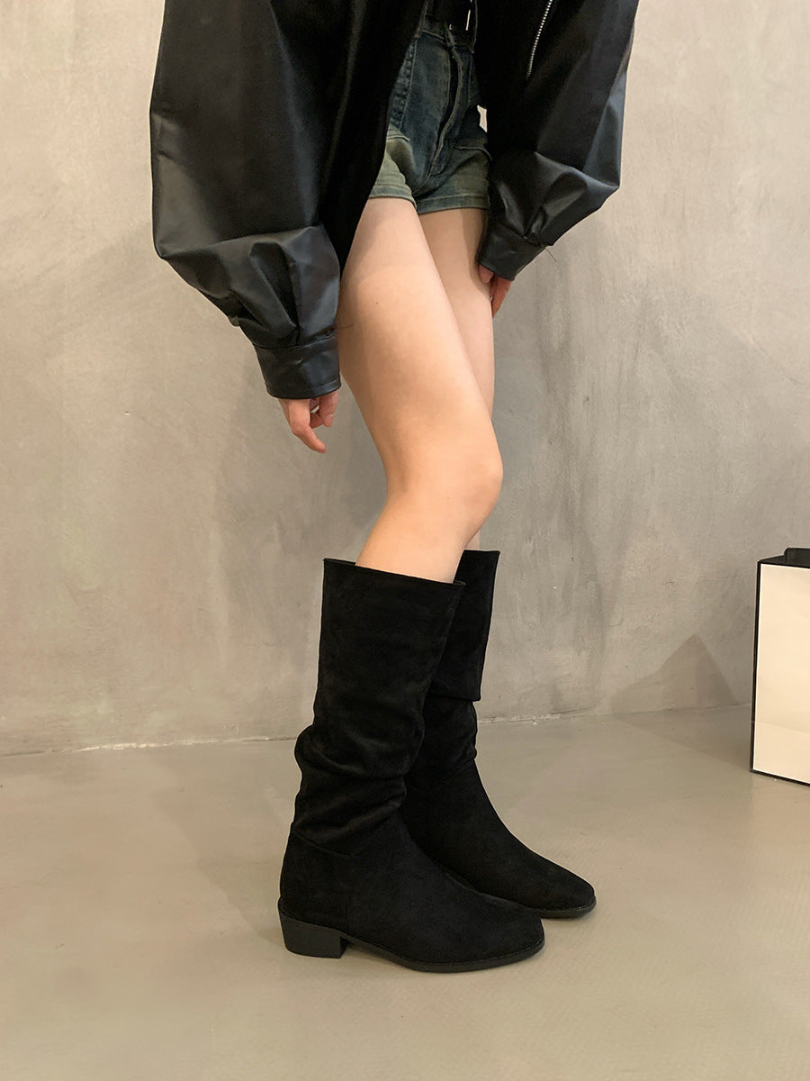 2025 Coarse Heel Suede Pile Long Knight Boots Women's Shoes popular Spring Autumn Winter Vintage Skinny Medium Long Brown Boots