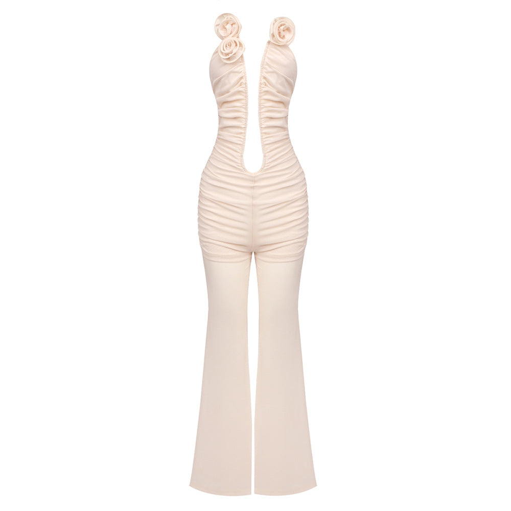 LOVEVOP popular autumn new tube top mesh jumpsuit trousers slim dress women's wholesale red