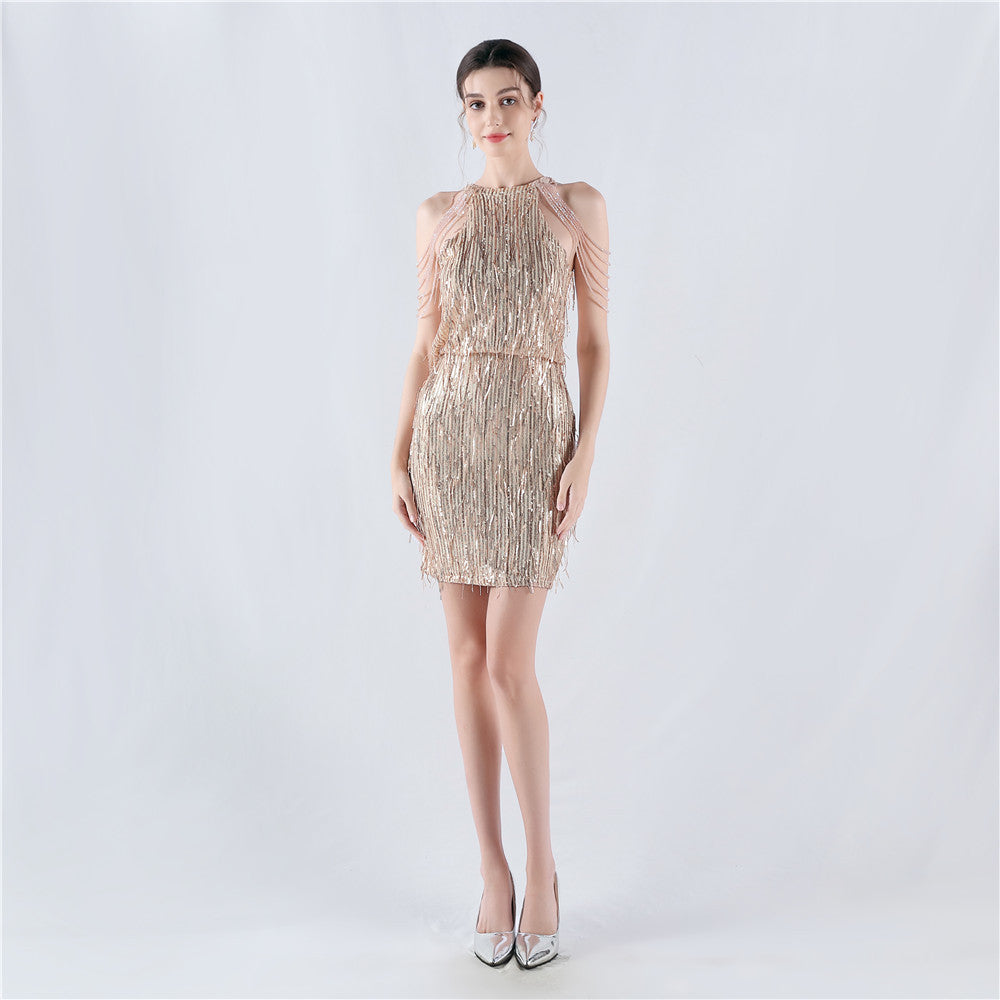 33035 #new Popular trade dress fringed sequins neck beads sexy hip wrap nightclub dress short dress
